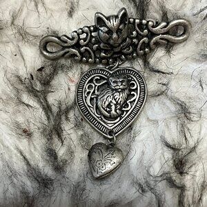 Vintage Pewter Cat Bar‎ Brooch w/ Heart Dangle and Locket, Antiqued Silver-Tone